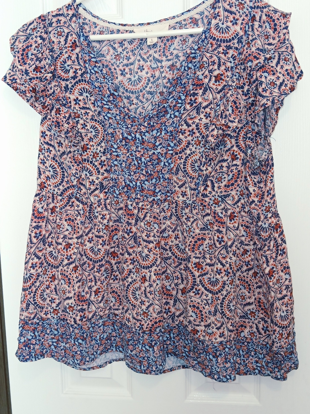 Westbound Blue and Peach Floral Smocked V-Neck Tunic